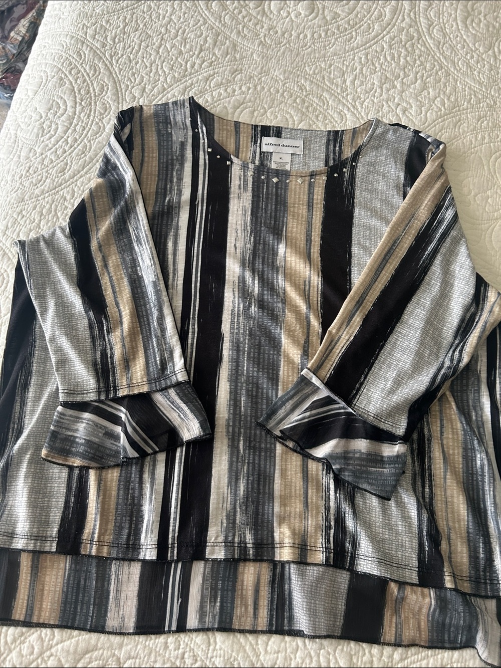 Alfred Dunner Striped Stud-Trim Top in Black, Gray & Tan